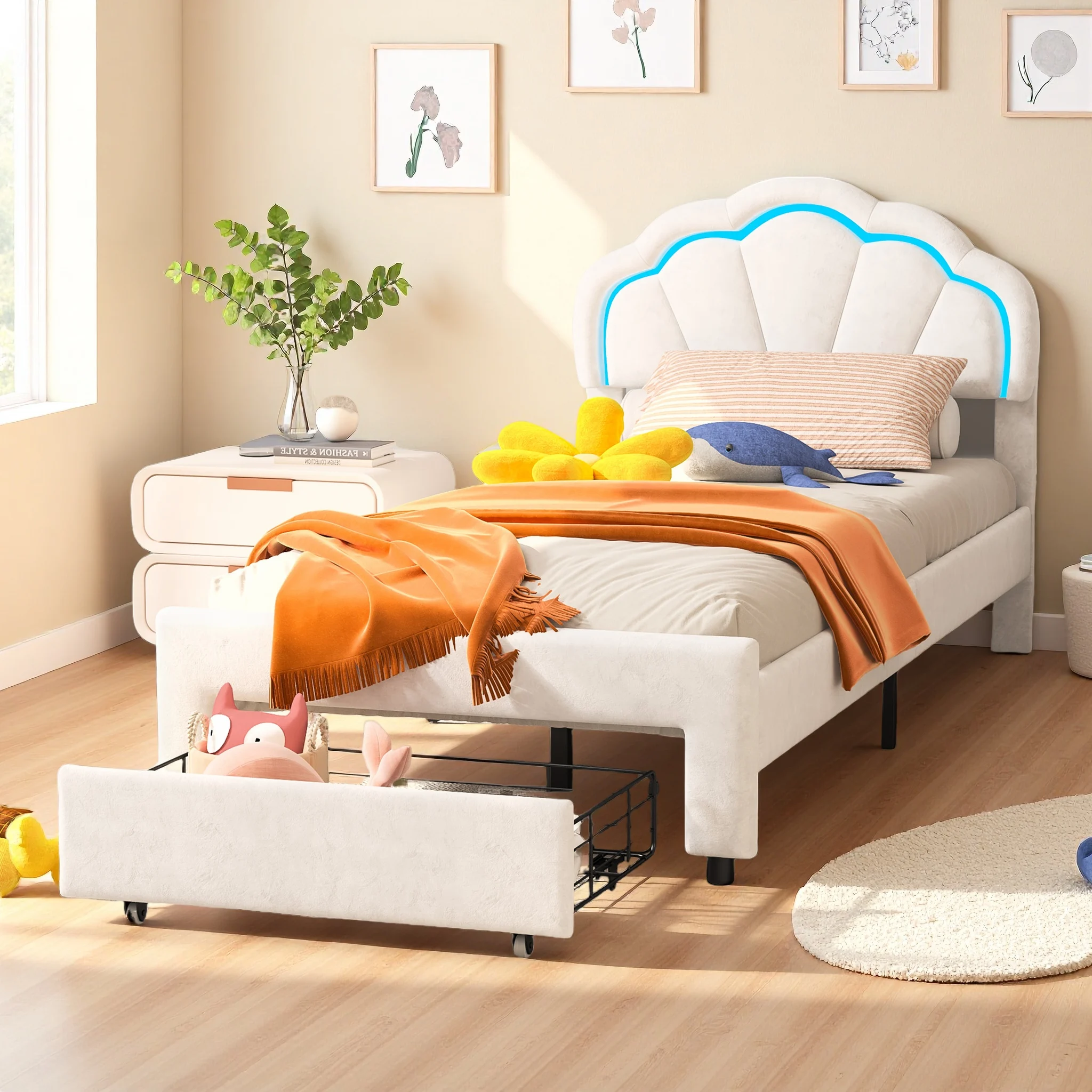 Rosahqnda gepolsterter Bettrahmen mit blumenförmigem Kopfteil, Bettrahmen, Einzelbett, Blütenblattbett, Jugendbett für Jungen und Mädchen – Detail 23