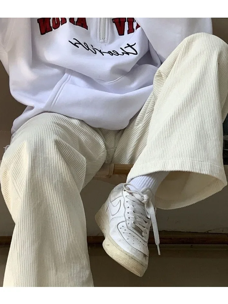 

HOUZHOU Beige Corduroy Vintage Wide Leg Pants Women Korean Style Soft Girl Pink Black Autumn Oversize Casual Trousers Female