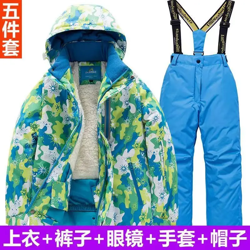 Детский лыжный костюм для мальчиков и девочек, зимняя утепленная водонепроницаемая одежда с хлопковой подкладкой, лыжные штаны, зимняя одежда для сноуборда, комплект одежды