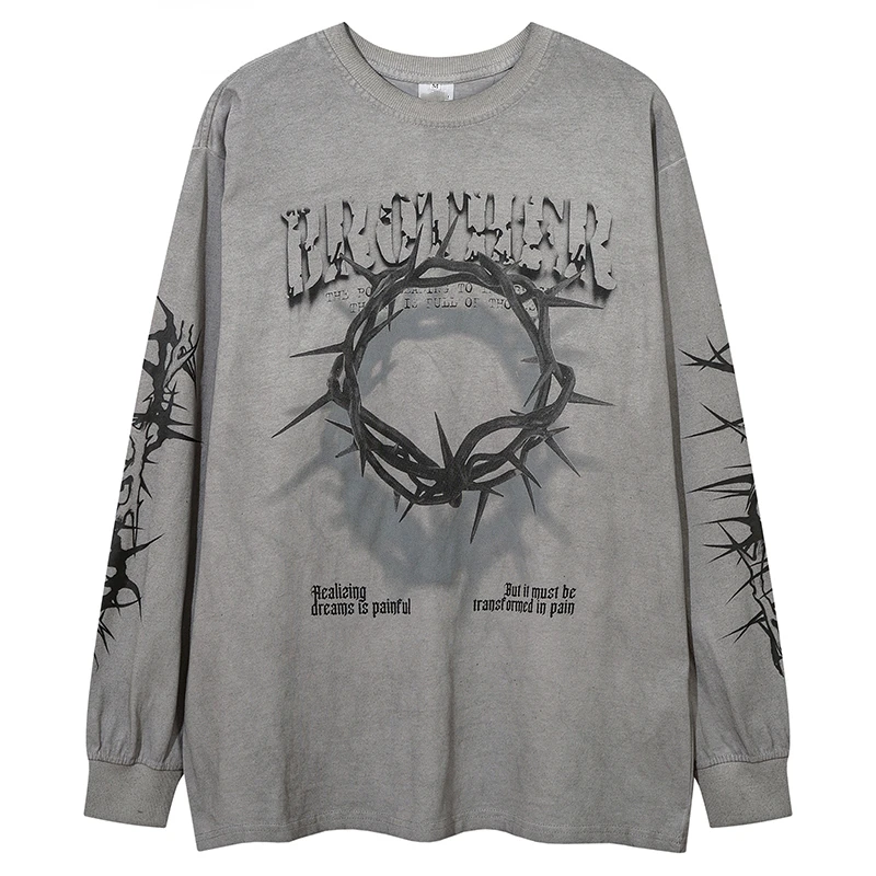 

Футболка мужская с длинным рукавом, винтажная тенниска с принтом в стиле хип-хоп, с эффектом потертости, повседневная майка из хлопка в стиле Харадзюку, уличная одежда, осень