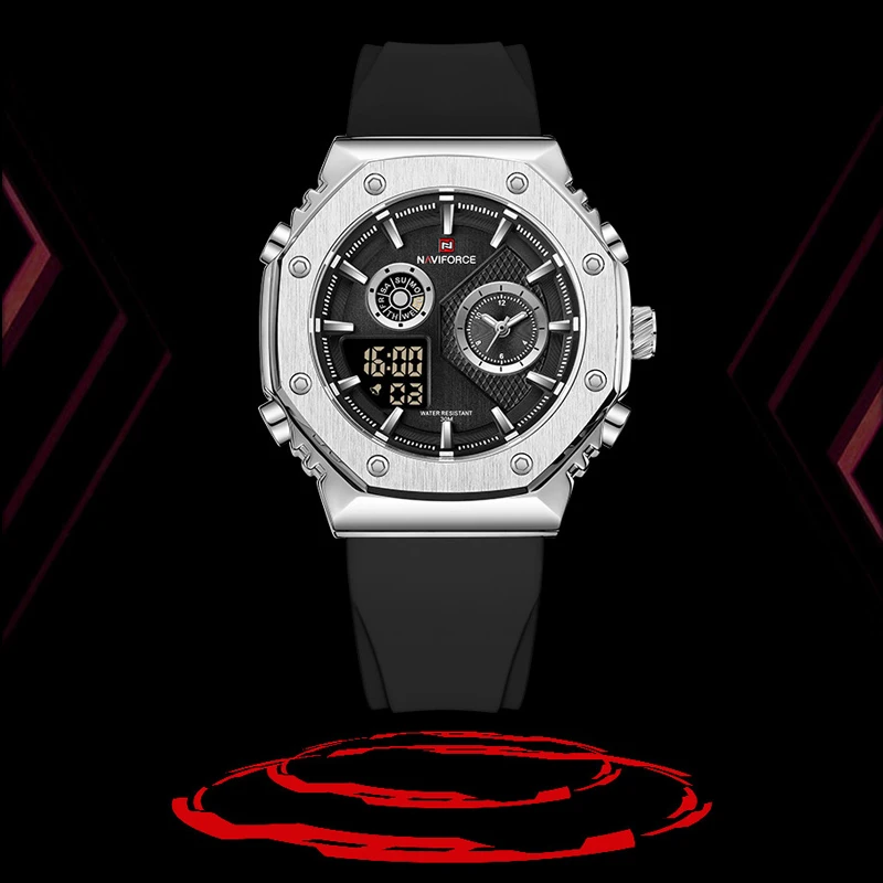 NF9216T Men's Watches NAVIFORCE Military Sports Waterproof Male Quartz Dual Display Wristwatch Silicone Strap Luminous Man Clock