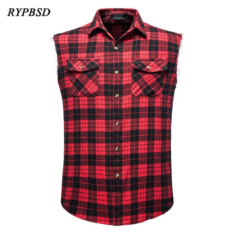 Summer Casual Flannel Plaid Shirt Men Cotton Plus Size Sleeveless Double Pocket Beach Party Sleeveless Shirt Vest Checkered Top hooded flannel plaid letter patched pocket shirt xxl night