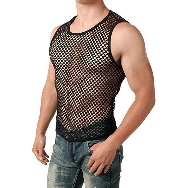 Mens Sexy Mesh Tank Tops Transparan Eotis Pakaian Stoking Jala Hollow Out Singlet Tanpa Lengan Rompi Sheer Slim Fitness Sport Shirts 6