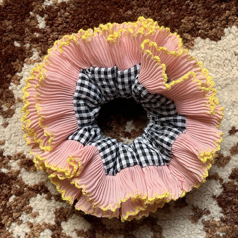 Fashion Double Lace Lace Trim Hair Scrunchies Pink Plaids Cotton Hair Ties Women Ponytail Hair Bands Large Rope