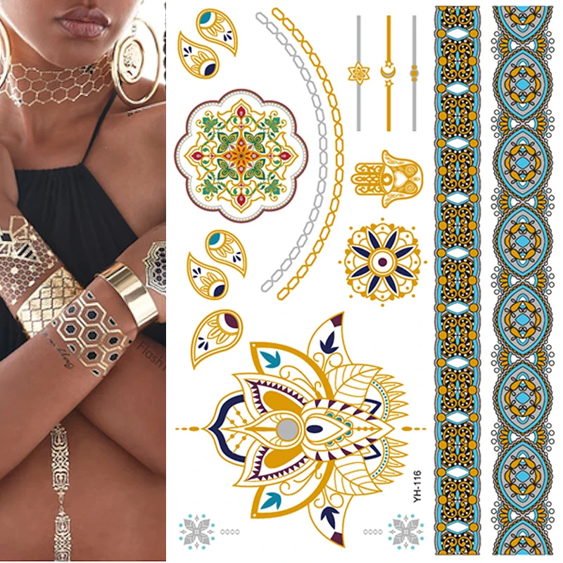 

1Sheet Waterproof Metallic Gold Silver Temporary Tattoos Stickers