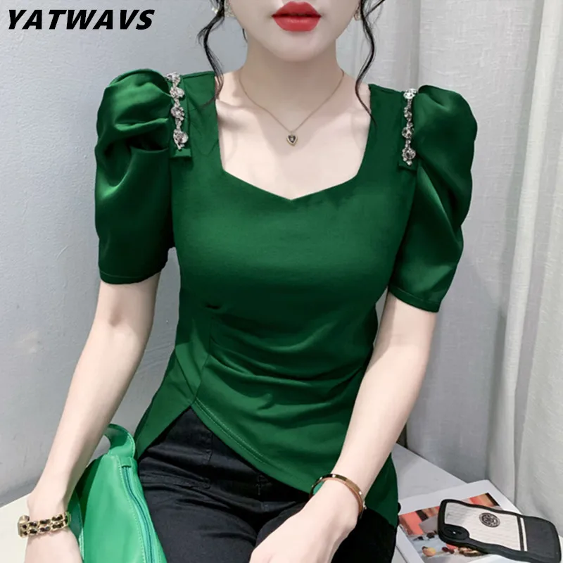 2025 Summer New Puff Short Sleeved Shiny Diamonds Casual T