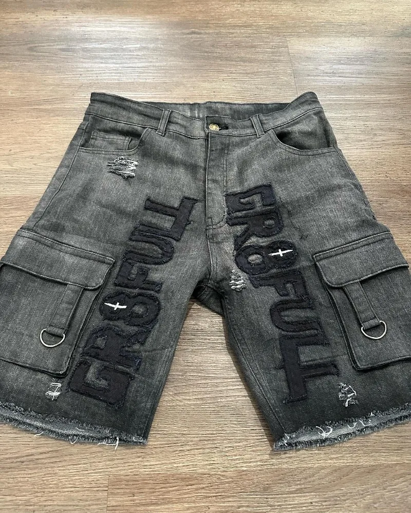 Y2K Harajuku Style Letter Patch Embroidery Baggy Denim Shorts Men Vintage Streetwear Hip Hop Pop Punk Casual Joker Shorts denim shorts