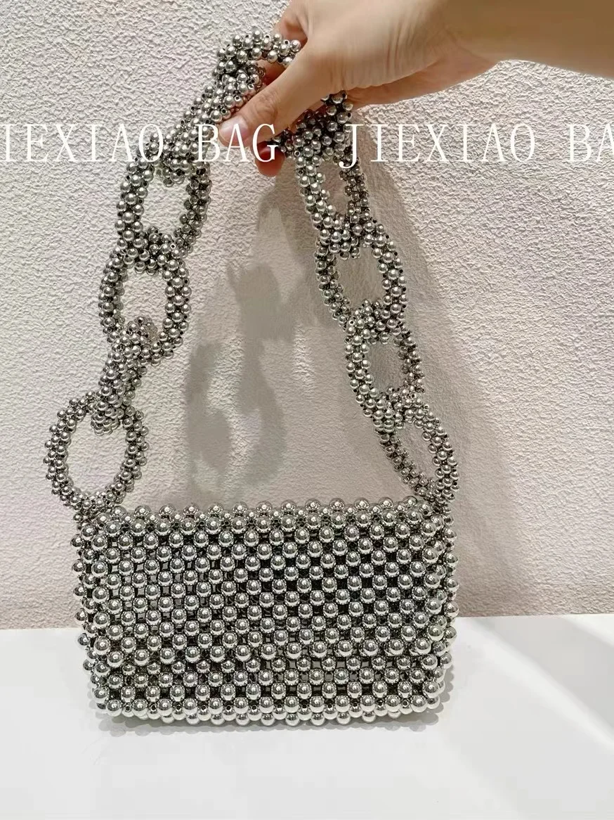 

Silver Beads Beaded Woven Square Bag Women Fashion Hollow Out Handbag Lady Purse Female Shoulder Bag Holiday Vacation Casual Bag