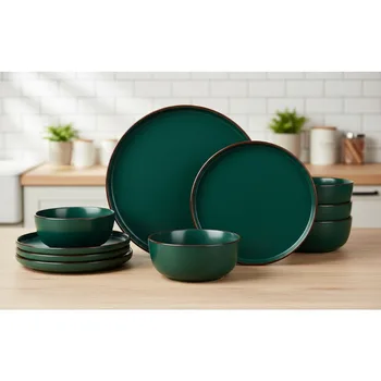 12-Piece Dark Green Stoneware Dinnerware Set for 4 – Plates & Bowls 1
