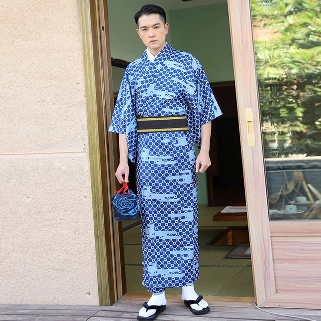 Traditional Japan Kimono Yukata Men's polyester Dressing Gown Male Lounge  Robes with Belt Summer Pajamas