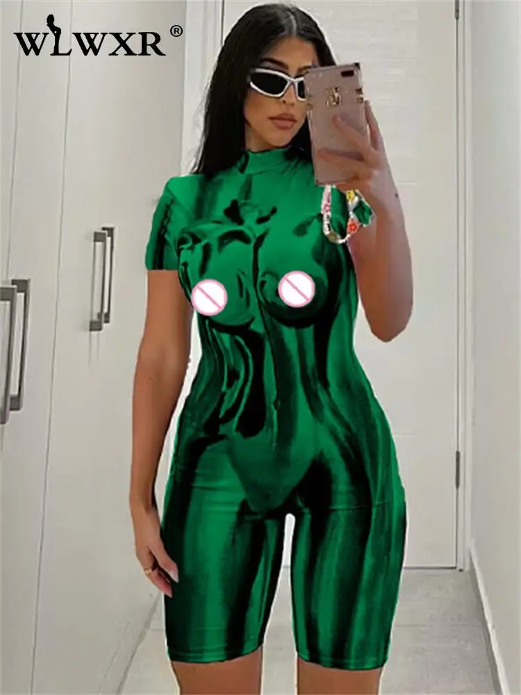 

WLWXR One Piece Y2k Sexy Green Printing Rompers Summer Outfits For Women 2023 Streetwear Bodycon Playsuits Casual Tracksuits