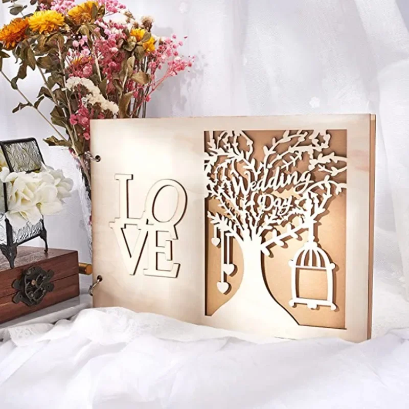 Wedding Guest Book 20/40 Page Wooden Wedding DIY Message Book Creative Signature Book MR&MRS Photo Album Wedding Decoration Supplies Sign-in