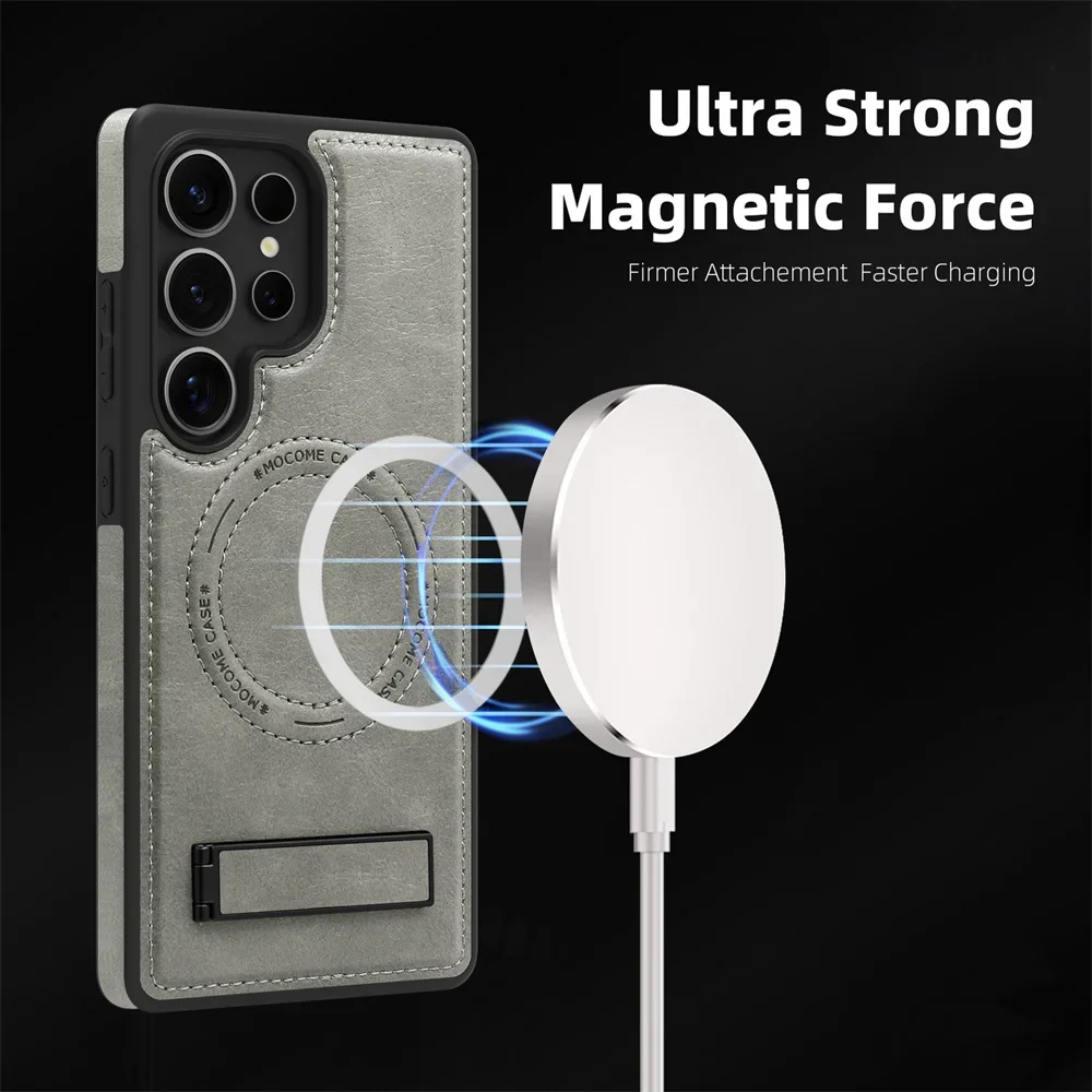 Leather Stand Case with Magnetic Wireless Charging and Fall Protection