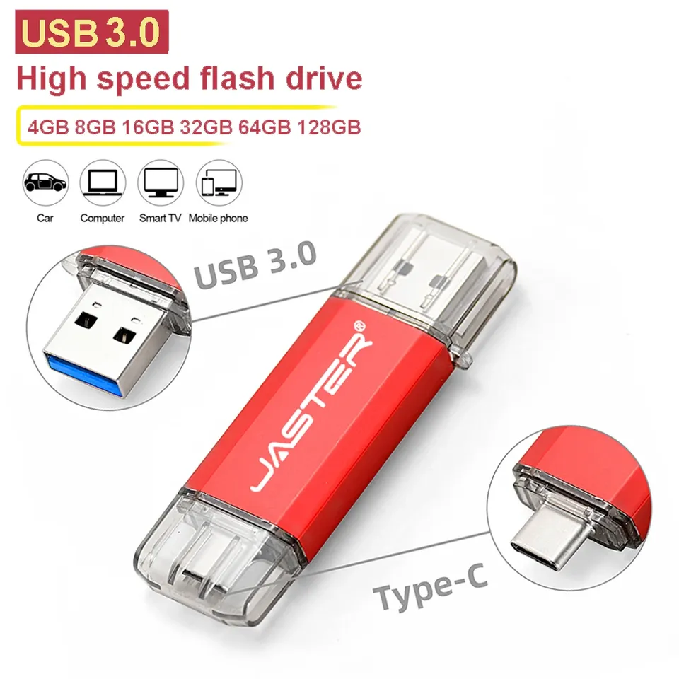 JASTER Type-C 2 in 1 USB 3.0 Flash Drive 128GB High Speed Memory Stick 64GB Free Custom Logo Pen Drive 32GB 16GB Business Gift