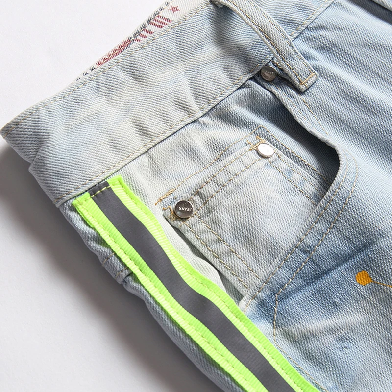Summer New Mens Ripped Short Jeans Brand Clothing Bermuda Cotton Side Stripe Fluorescent Shorts Breathable Denim Shorts
