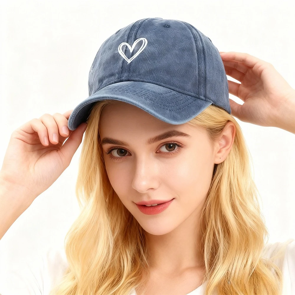 Herz-gestickte, gewaschene und im Used-Look-Stil. Ganzjahres-Soft-Top-Schirmmütze für Paare für Herren. Outdoor-Sonnenhüte