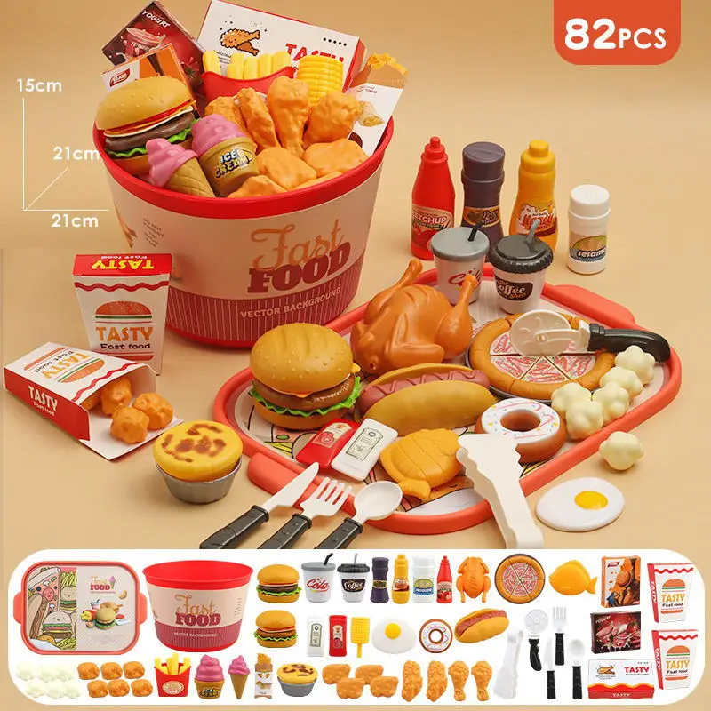 Simulation Food Kitchen Toys for Kids Pretend Play Cooking Toy Cookware Pot Hamburger Hot Dog Fries Parent-Child Interactive Toy