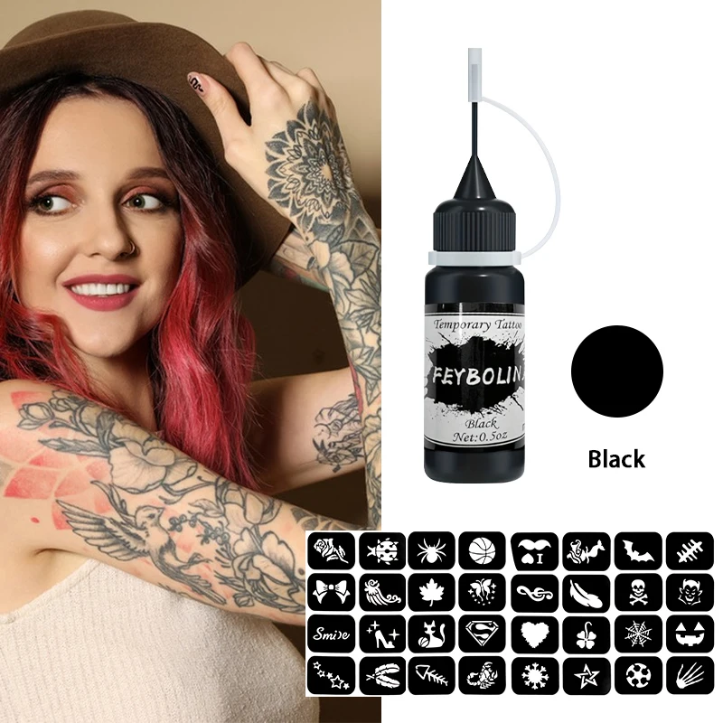 Gel per tatuaggi temporanei nero con set di modelli. Crema per pittura body art Pasta per tatuaggi all'henné Crema Pasta di succo per tatuaggi body art - immagine 3