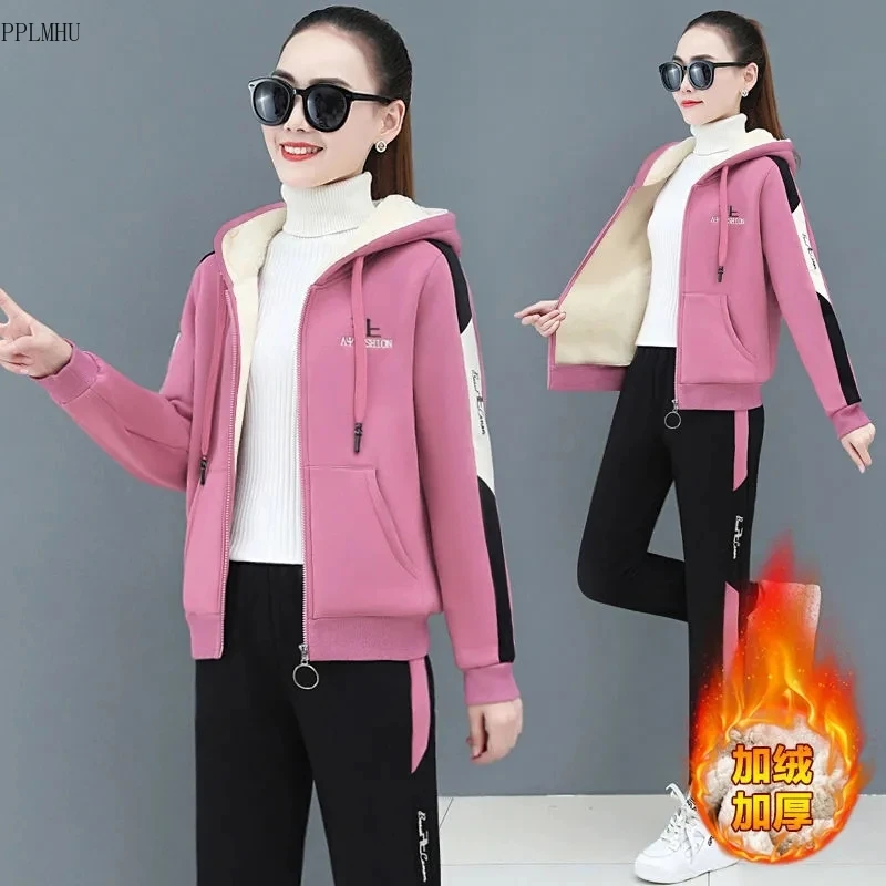 

2023 Warm Fashion Zip Up Hoodies And Trousers Faux Lambswool Loungewear Casual Two Piece Set Thick Fleece Winter Tracksuit Women