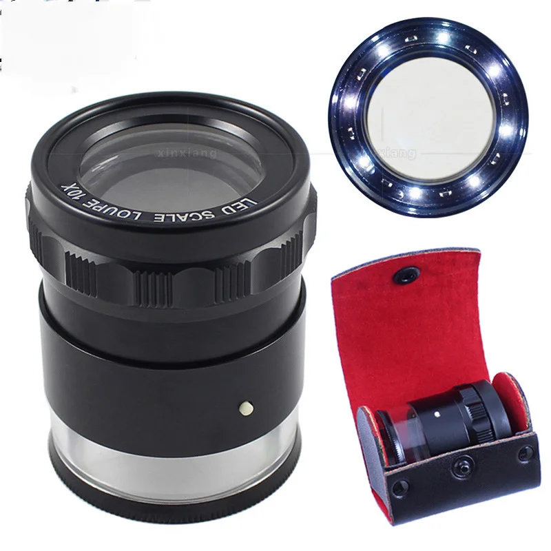 

10X Cylindrical Magnifier 8Led Light, 3 Sets of Optical Glass with Scale Measurement, Magnifying Glass, Leather Case, Gift Box