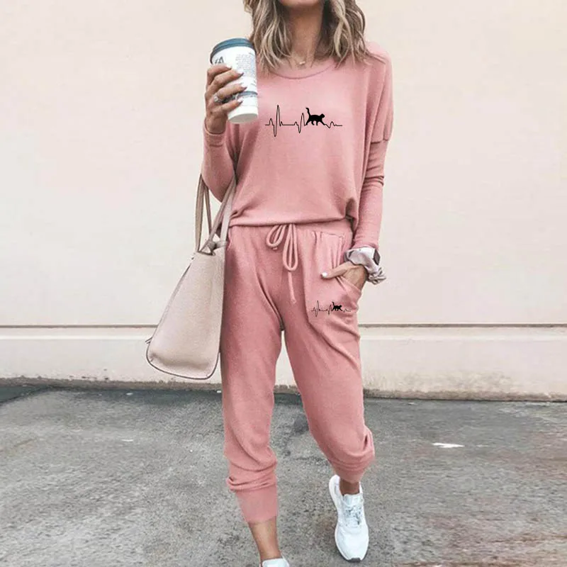 Tuveke women's fashion ecg cute cat print shrink sleeve sports suit solid color versatile loose solid color women's suit