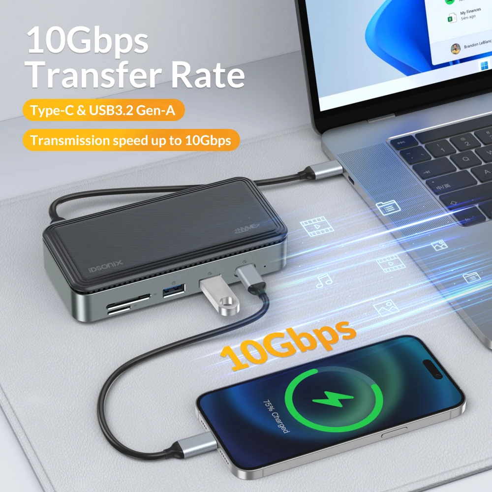 iDsonix NVMe 인클로저 10Gbps USB 3.2 허브 도킹 스테이션 SATA SSD 케이스 멀티 포트 USB 분배기 HDMI 호환 SD/TF 카드 리더기