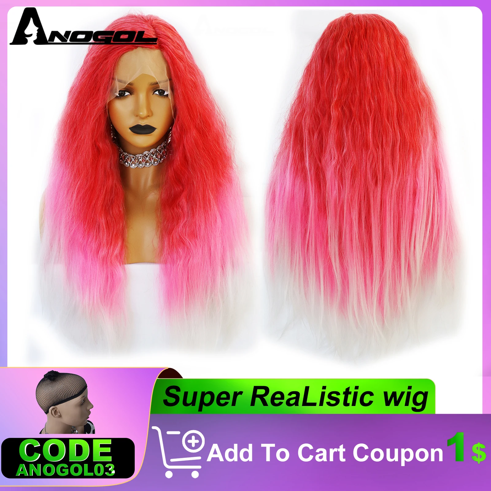 ANOGOL Synthetic 28IN Pink Loose Wavy Wig Highlighting White Ombre Peachpuff Gradient Fuchsia Cosplay Wig for Women Halloween акрил в аэрозоли molotow coversall 400 мл fuchsia pink