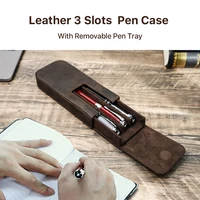 Étui à stylos de luxe en cuir véritable à 3 fentes, avec porte-plateau amovible, trousse à crayons, pochette de fournitures scolaires et de bureau, cadeau créatif 2