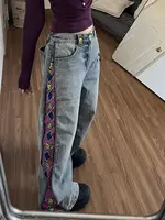 American Sle fermeture éclair Plaid imprimé Patchwork jean ample pour hommes et femmes mode taille haute décontracté Vintage jean droit 5