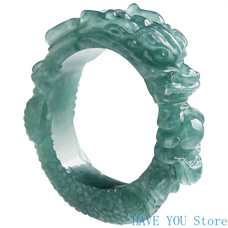 

Natural A-grade Jade Ring Blue Water Dragon King Ring 3D Sculptured Ice Jade Jade Ring, Leading Ring Male Ring