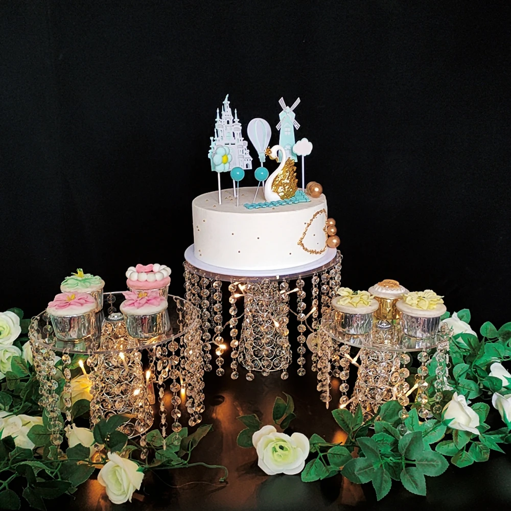 1pcs-3pcs/lot Round Cake Serving Stand with Crystal Dessert Cupcake Pastry with Hanging Acrylic Crystals for Wedding Event