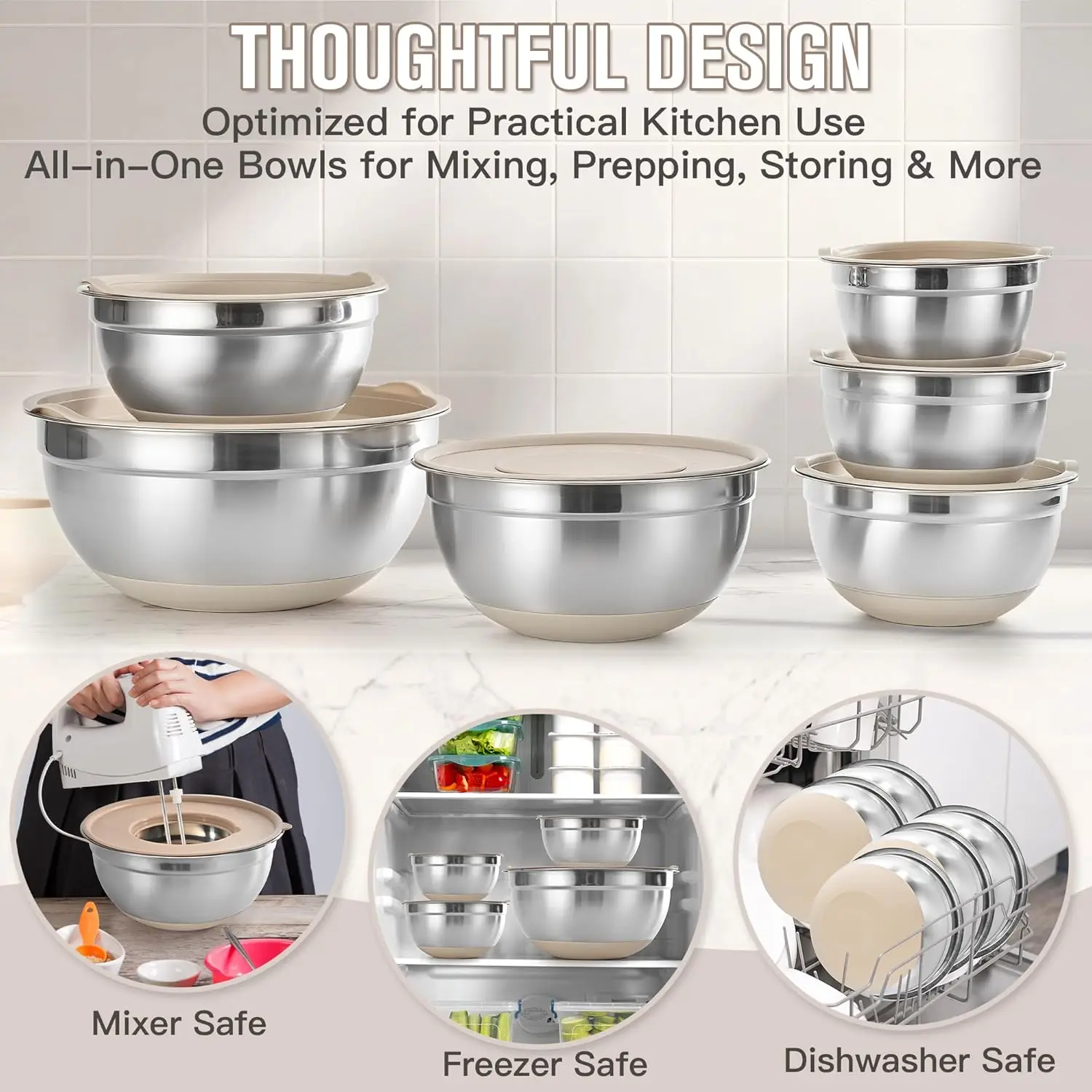 30PCS Mixing Bowls with Lids Set, 7QT to 1QT Stainless Steel Nesting Bowls with Graters, Non-Slip Silicone Bottom, Large Khaki B 5