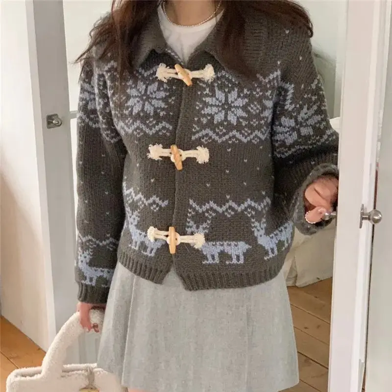 용수철 눈송이 사슴 무늬 여성용 스웨터 재킷, 뿔 단추 턴다운 칼라, 양모 니트 가디건, 캐시미어 코트, 점퍼 H716