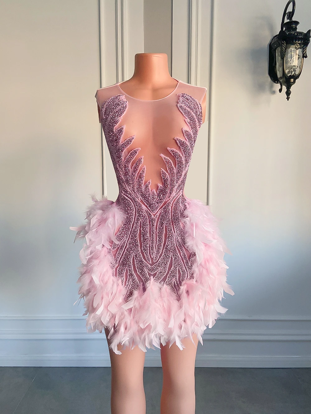 Luxury Ostrich Feather Dresses Birthday Party High Slit Satin Feathers  Tassel Pink Split Sexy Mini Dress Elegant Wedding Dress - AliExpress