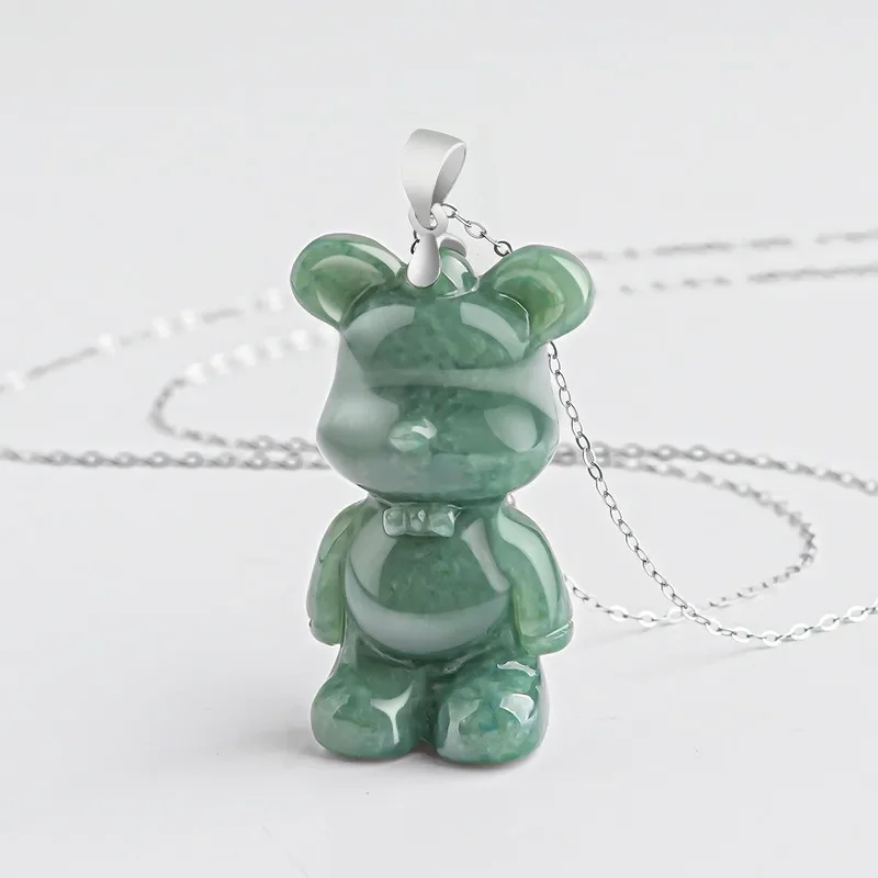 Natural Burmese Jadeite Little Bear Pendant 925 Silver Necklace Fashion Jewelry Designer Charm Amulet Gifts for Women Luxury
