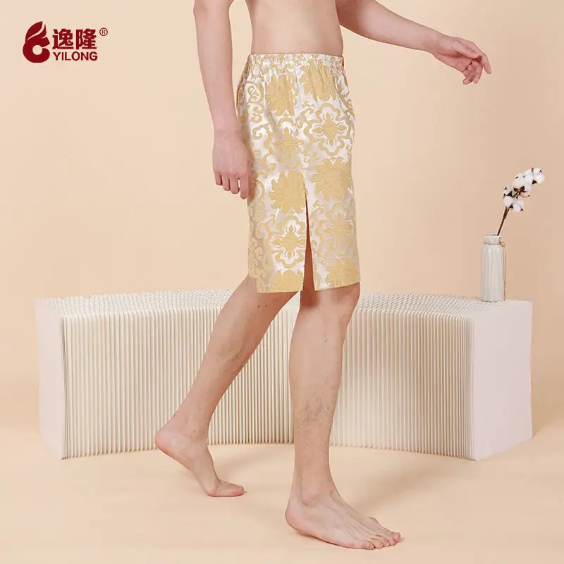 High Split Men's Ice Silk Floral Print Satin Glossy Shorts Male Plus Size Casual Sleeping Shorts Bottoms