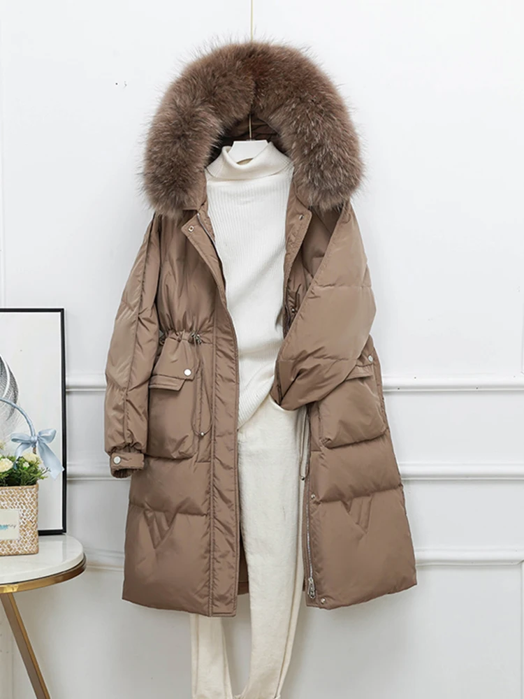 

FTLZZ Winter Women 90% White Duck Down Coat Large Natural Fur Collar Zipper Drawstring Jacket Casual Thick Warm Snow Outwear