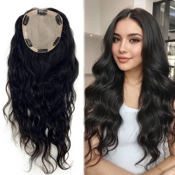 Full Hand Tied Silk Base Topper with Clips in Natural Wave Real Remy Human Hairpieces for Women Silk Top Toupee Medium Brown 1