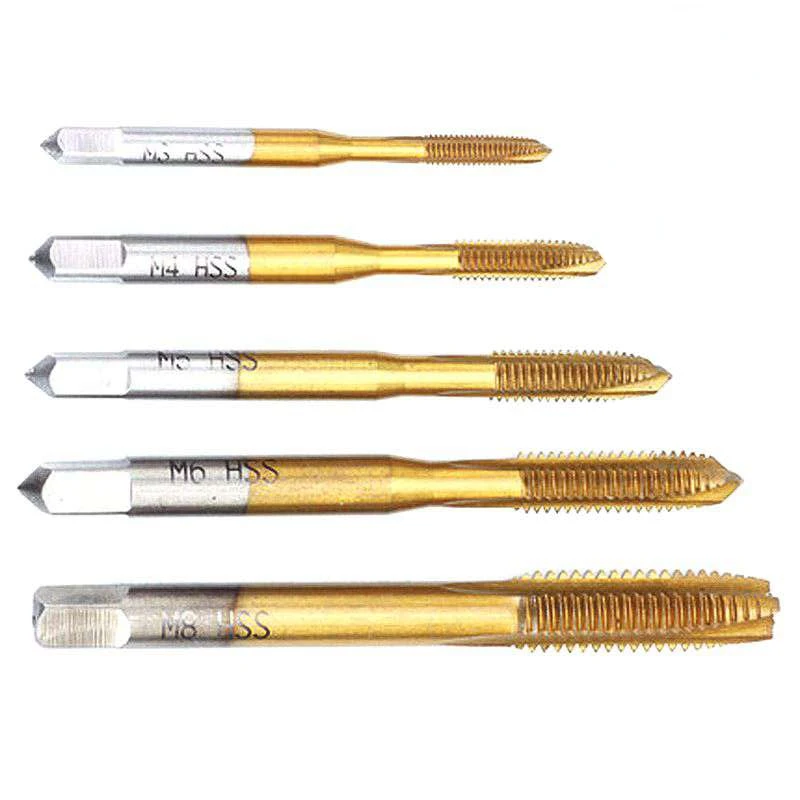 Krachtige 5Pcs Straight groove Thread Tap M3 M4 M5 M6 M8 High Speed Steel Hand Tap Drill Bit Titanium Coated Metric Screw Tap 13pcs metric 1 5 6 5mm round handle fried dough twists drill set titanium coated high speed steel woodworking metal drill bit