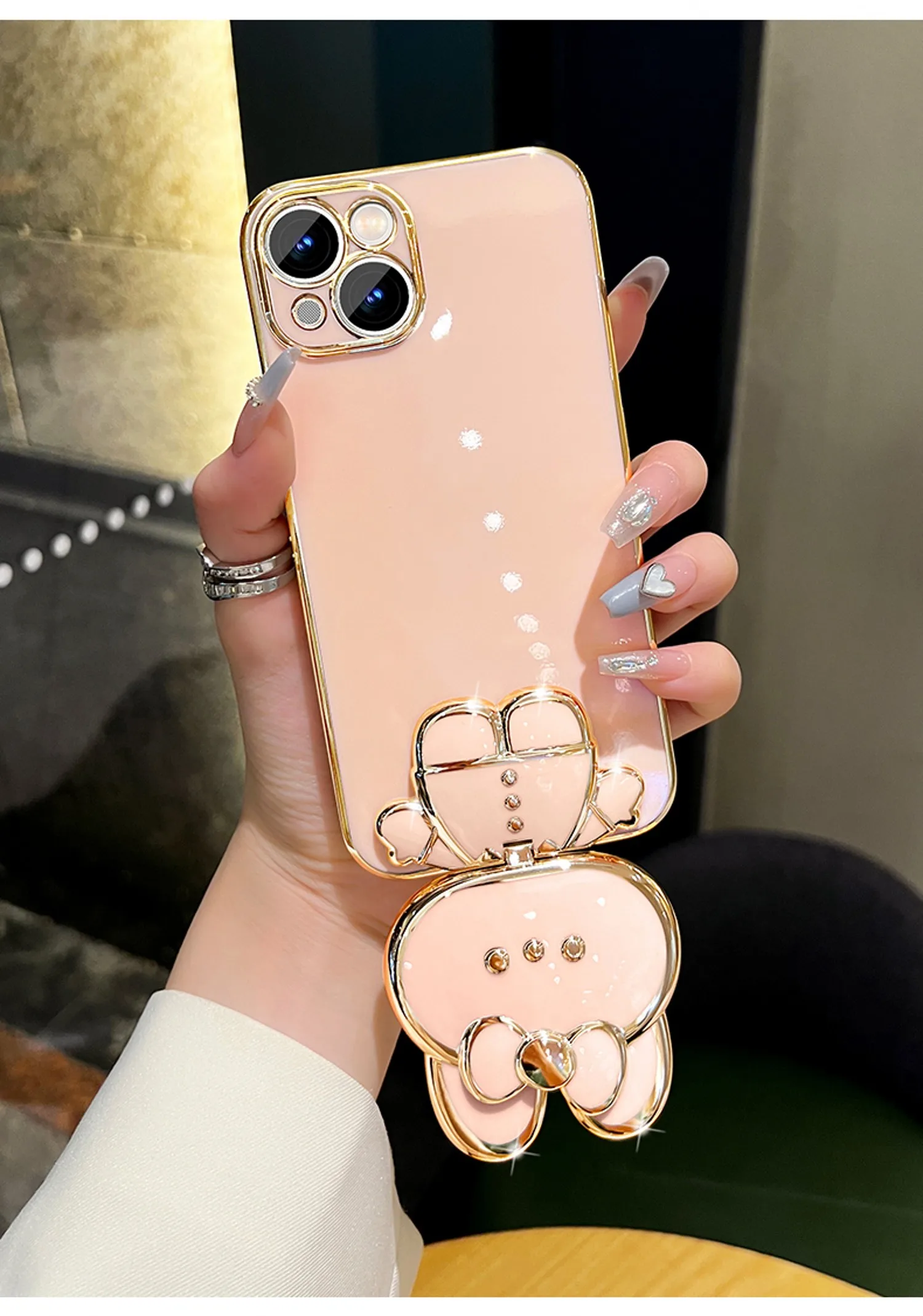 Bunny Phone Case With Mirror Holder And Flower Strap Plating_voghion.com