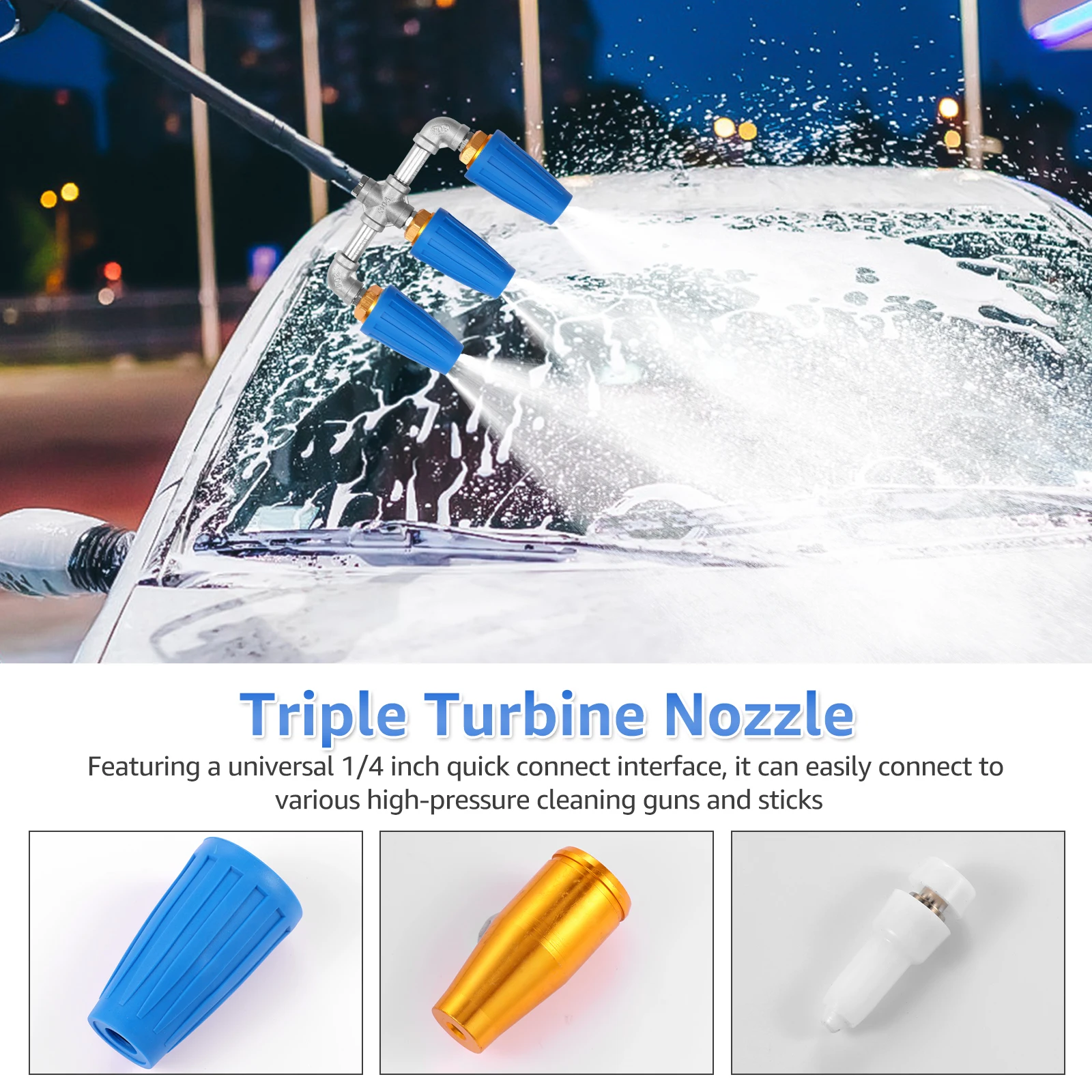 Pressure Washer Triple Turbine Nozzle  360° Rotating Turbo Nozzle Sprayer 4000 PSI With 1/4" Quick Connector 4