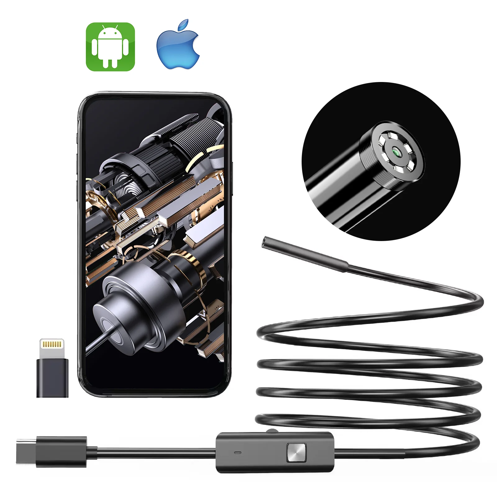 Caméra endoscopique 3 en 1, Endoscope HD 1080P avec 8 lumières LED, caméra d'inspection étanche IP67 de 8mm pour iOS Android Samsung
