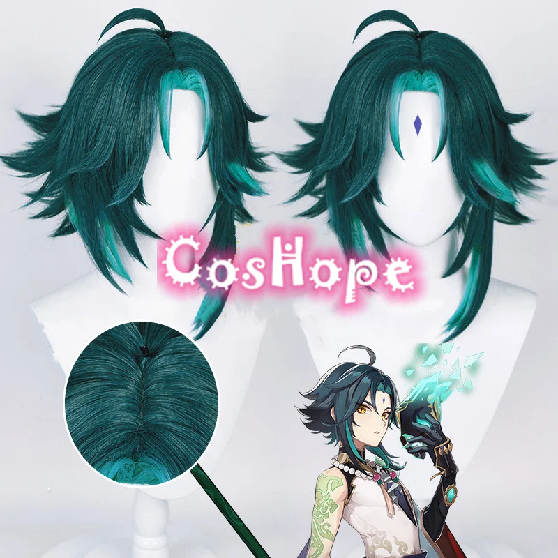 Genshin Impact Xiao Cosplay Wig Men 40cm Green Mixed Wig Cosplay Anime