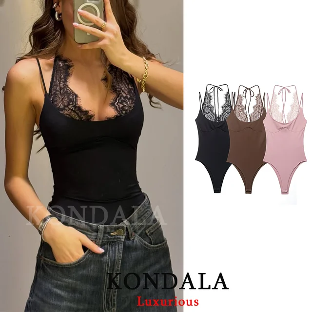 KONDALA Trendy Party Sexy Women Jumpsuit Patchwork Lace Halter Backless Bodysuit New Fashion 2026 Spring Summer Holiday Jumpsuit