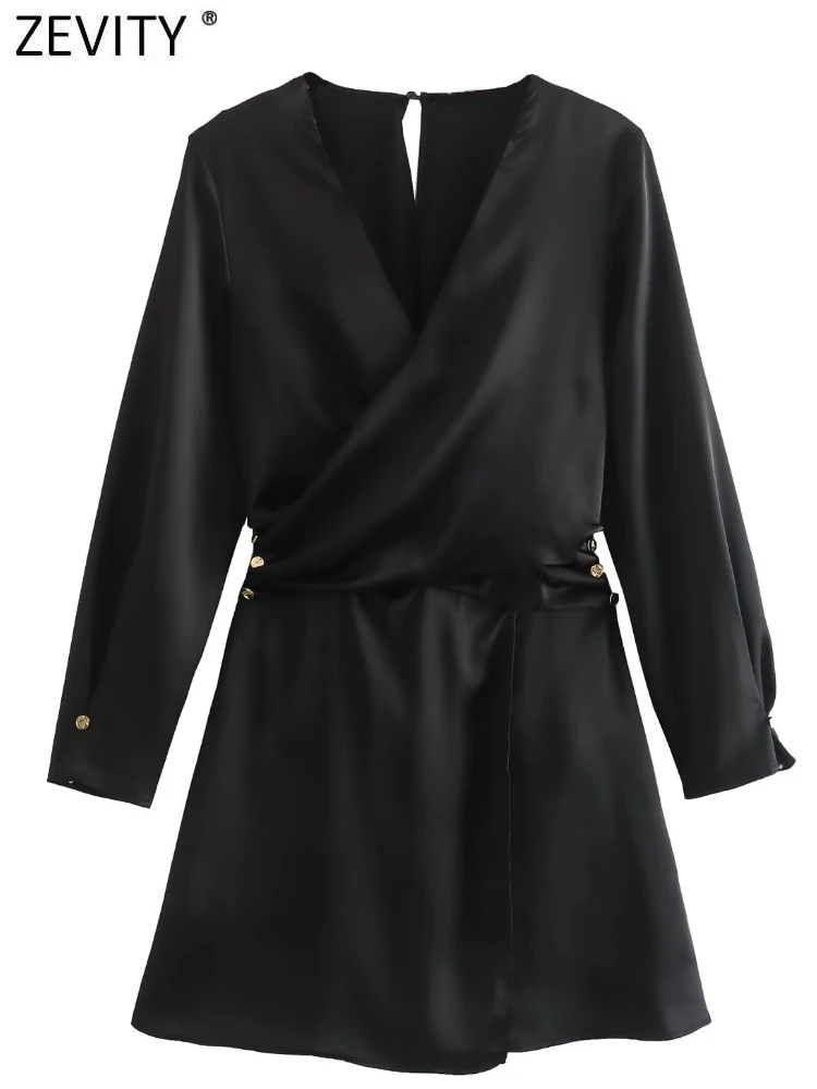 

Zevity Women Chic Cross V Neck Side Buttons Pleats Design Soft Touch Satin Playsuits Ladies Conjion Shorts Rompers DS3557