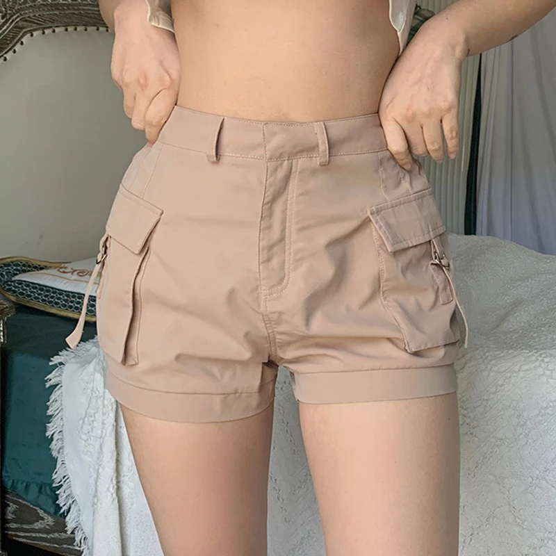 Pantalones cortos informales para mujer, Shorts de cintura alta con bolsillo, Color verano | - AliExpress