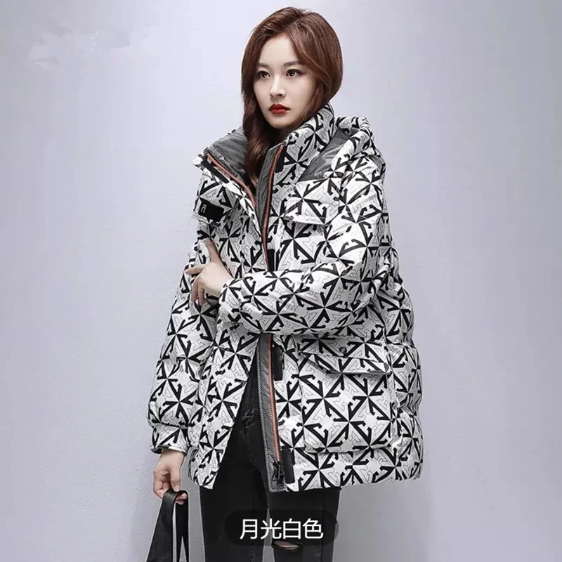 Mid Length Down Cotton Jacket for Women's 2023 Winter New Fashion Loose Fitting Standing Collar Hooded Winter Coat For Women's