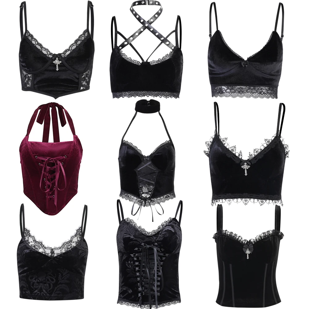 E-girl Gothic Grunge Corset Crop Top Vintage Women Lace Trim Black Cami Top  Harajuku Retro Mini Vest Punk Style Emo Alt Clothes