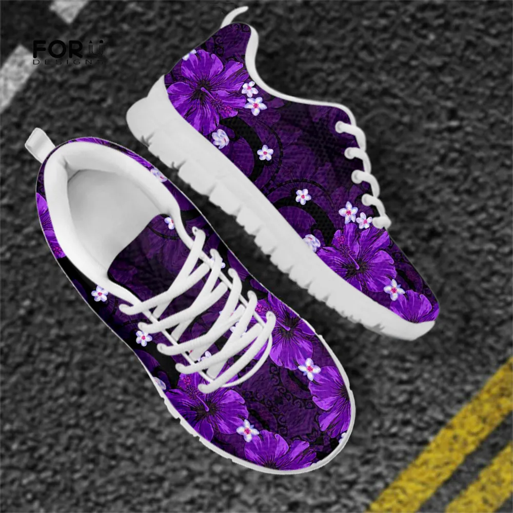 Polynesian Tribal Hibiscus Purple Women Sneakers Casual Flats Autumn Winter Ladies AF Mesh Shoes For Tee Girls