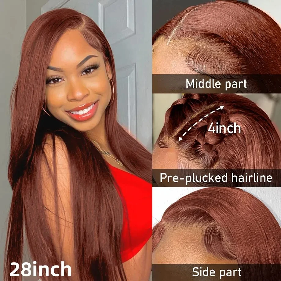 Reddish Brown HD 13x6 Lace Front Human Hair Wigs For Women Brazilian Colored Straight Lace Frontal Pre Plucked 5x5 Closure Wig